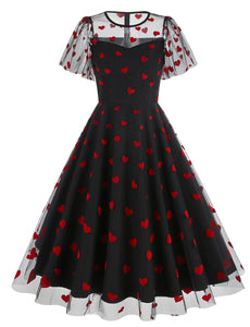 Black Semi Mesh Sweet Heart Embroidered Short Sleeve 50S Swing Dress