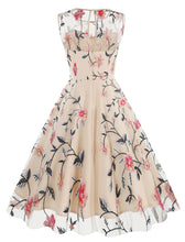 Load image into Gallery viewer, Lake Blue Semi Mesh Rose Embroidered Sleeveless 50S Swing Dress