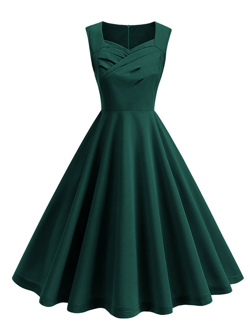 Dark Green V Neck Sleeveless Swing 1950S Vintage Dress