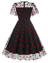 Load image into Gallery viewer, Black Semi Mesh Sweet Heart Embroidered Short Sleeve 50S Swing Dress