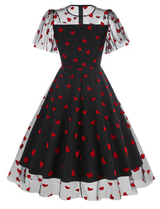 Black Semi Mesh Sweet Heart Embroidered Short Sleeve 50S Swing Dress