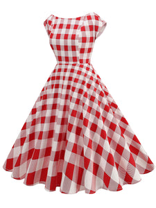 1950s Crew Neck Plaid Cap Sleeve Vintage Swing Dress