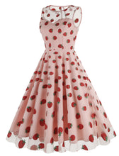 Load image into Gallery viewer, Pink Semi Mesh Strawberry Embroidered Sleeveless 50S Swing Dress