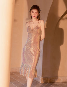 V Neck Sequined Mermaid Dress With Straps