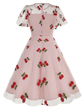 Load image into Gallery viewer, Black Semi Mesh Cherry Embroidered Short Sleevele 50S Swing Dress