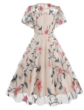 Load image into Gallery viewer, Lake Blue Semi Mesh Rose Embroidered Short Sleeve 50S Swing Dress
