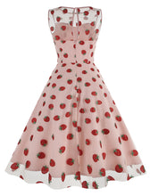 Load image into Gallery viewer, Pink Semi Mesh Strawberry Embroidered Sleeveless 50S Swing Dress