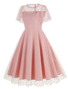 Pink Semi Mesh Sweet Heart Embroidered Short Sleeve 50S Swing Dress