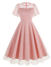 Load image into Gallery viewer, Pink Semi Mesh Sweet Heart Embroidered Short Sleeve 50S Swing Dress