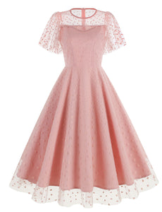 Pink Semi Mesh Sweet Heart Embroidered Short Sleeve 50S Swing Dress