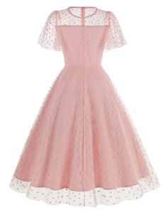 Pink Semi Mesh Sweet Heart Embroidered Short Sleeve 50S Swing Dress