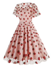 Load image into Gallery viewer, Pink Semi Mesh Strawberry Embroidered Short Sleevele 50S Swing Dress