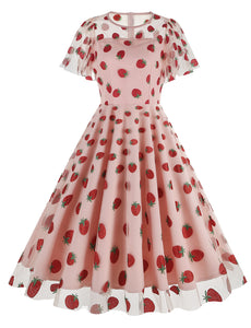 Pink Semi Mesh Strawberry Embroidered Short Sleevele 50S Swing Dress