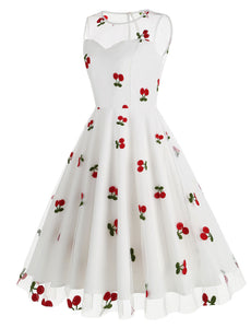 White Semi Mesh Cherry Embroidered Sleeveless 50S Swing Dress