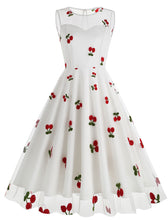 Load image into Gallery viewer, White Semi Mesh Cherry Embroidered Sleeveless 50S Swing Dress