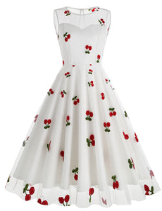 White Semi Mesh Cherry Embroidered Sleeveless 50S Swing Dress