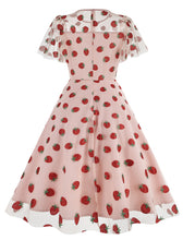 Load image into Gallery viewer, Pink Semi Mesh Strawberry Embroidered Short Sleevele 50S Swing Dress