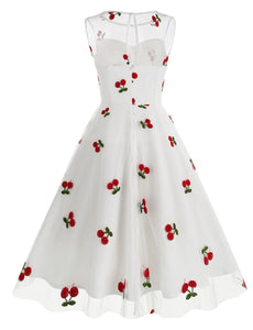 White Semi Mesh Cherry Embroidered Sleeveless 50S Swing Dress