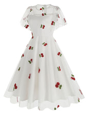 Load image into Gallery viewer, Black Semi Mesh Cherry Embroidered Short Sleevele 50S Swing Dress