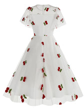 Load image into Gallery viewer, Black Semi Mesh Cherry Embroidered Short Sleevele 50S Swing Dress