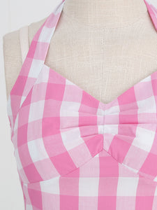 Pink And White Barbie Same Style Plaid Halter Classis Style 1950S Vintage Dress