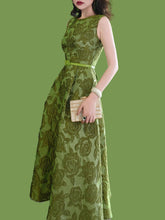 Load image into Gallery viewer, Green Luxury Rose High Waist Swing Vintage Dress With Pockets