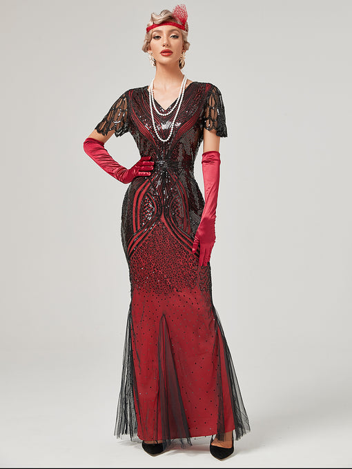 Wine Red 1920S Sequined Fringe Flapper Maxi Dress