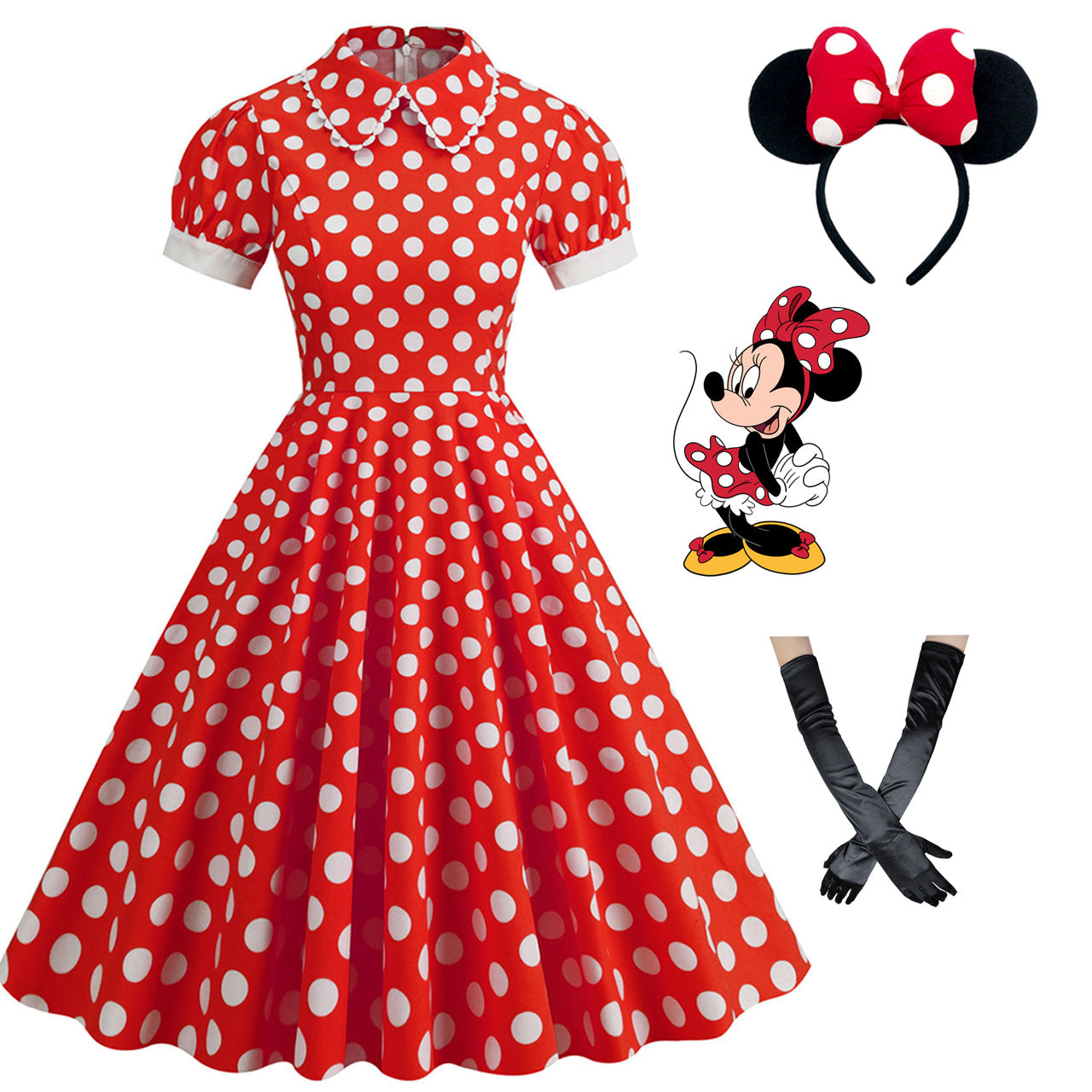 Jolly Vintage Minnie 1950s Peter Pan Polka Dot Swing Dress with Headband Gloves Set Red M