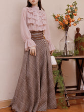 Load image into Gallery viewer, 2PS Pink Ruffles Shirt and Plaid Brown Swing Skirt Suit Women Vintage Medieval Victorian Dress