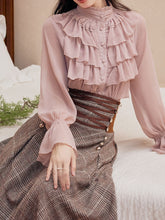 Load image into Gallery viewer, 2PS Pink Ruffles Shirt and Plaid Brown Swing Skirt Suit Women Vintage Medieval Victorian Dress