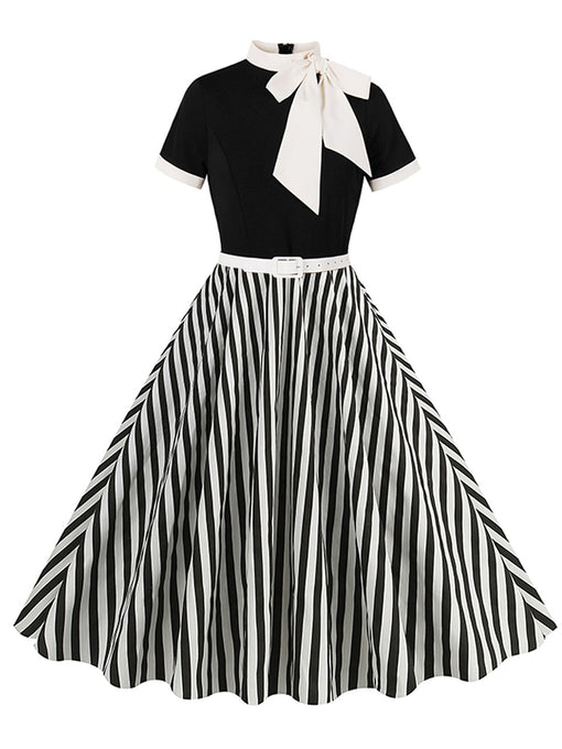 BowKnot Collar Beetlejuice Costume 1950S Short Sleeve Dress With Black and White Vertical Stripe