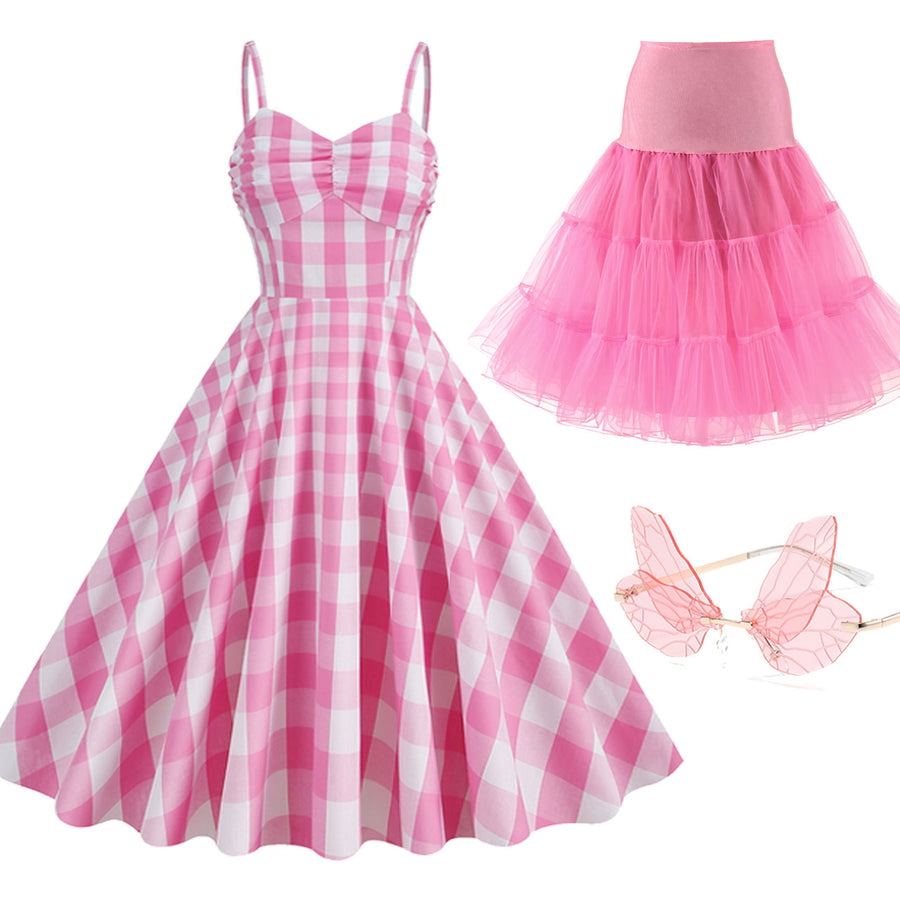 Pink And White Plaid Strap Classis Style Barbie Same Style 1950S Vintage Dress Set