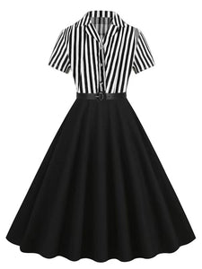 Beetlejuice Costume 1960S Short Sleeve Dress With Black and White Vertical Stripe