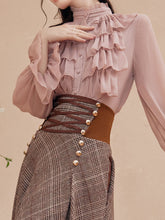 Load image into Gallery viewer, 2PS Pink Ruffles Shirt and Plaid Brown Swing Skirt Suit Women Vintage Medieval Victorian Dress