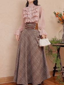 2PS Pink Ruffles Shirt and Plaid Brown Swing Skirt Suit Women Vintage Medieval Victorian Dress