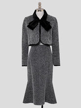 Load image into Gallery viewer, 2PS Grey Bow Tweed Fabric Women&#39;s Top And Fishtail Skirt Suit