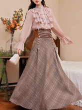 Load image into Gallery viewer, 2PS Pink Ruffles Shirt and Plaid Brown Swing Skirt Suit Women Vintage Medieval Victorian Dress