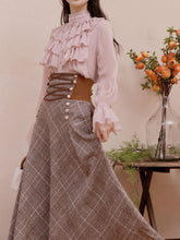 Load image into Gallery viewer, 2PS Pink Ruffles Shirt and Plaid Brown Swing Skirt Suit Women Vintage Medieval Victorian Dress