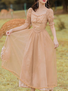 Khaki Daisy Print Sweet V Neck Fairy Vintage Dress