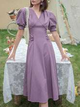 Load image into Gallery viewer, Lavender V Neck Puff Sleeve Swing Vintage Style 1940S Dress