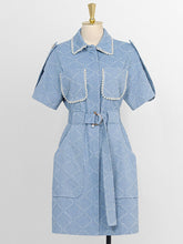 Load image into Gallery viewer, Light Blue Beaded Denim Shirt Mini Dress With Pockets