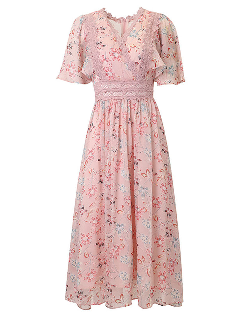 Pink Butterfly Sleeve Lace Chiffon Dress