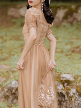 Load image into Gallery viewer, Khaki Daisy Print Sweet V Neck Fairy Vintage Dress