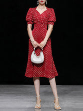 Load image into Gallery viewer, Red V Neck Lantern Sleeves Elegant Jacquard Sweet Heart Fishtail Dress