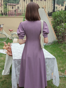 Lavender V Neck Puff Sleeve Swing Vintage Style 1940S Dress