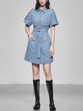 Load image into Gallery viewer, Light Blue Beaded Denim Shirt Mini Dress With Pockets