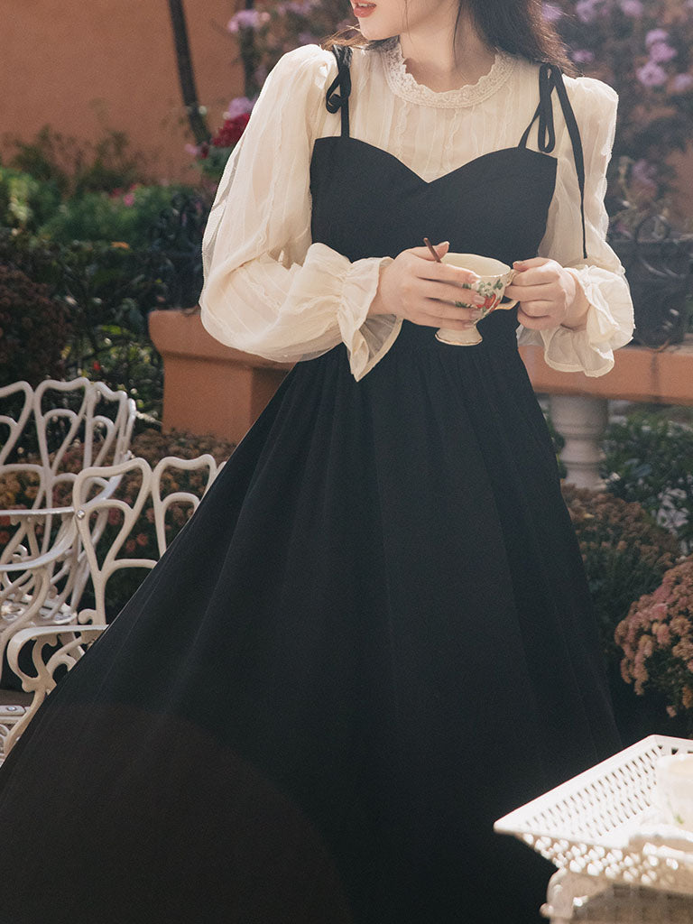 Black Spaghetti Strap Long Sleeve Fake Two Pieces Swing Vintage Dress