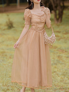 Khaki Daisy Print Sweet V Neck Fairy Vintage Dress
