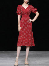 Load image into Gallery viewer, Red V Neck Lantern Sleeves Elegant Jacquard Sweet Heart Fishtail Dress