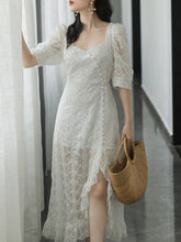 Load image into Gallery viewer, White Lace Ruffled Half Sleeve Square Neck Side Slit Fairy Dress